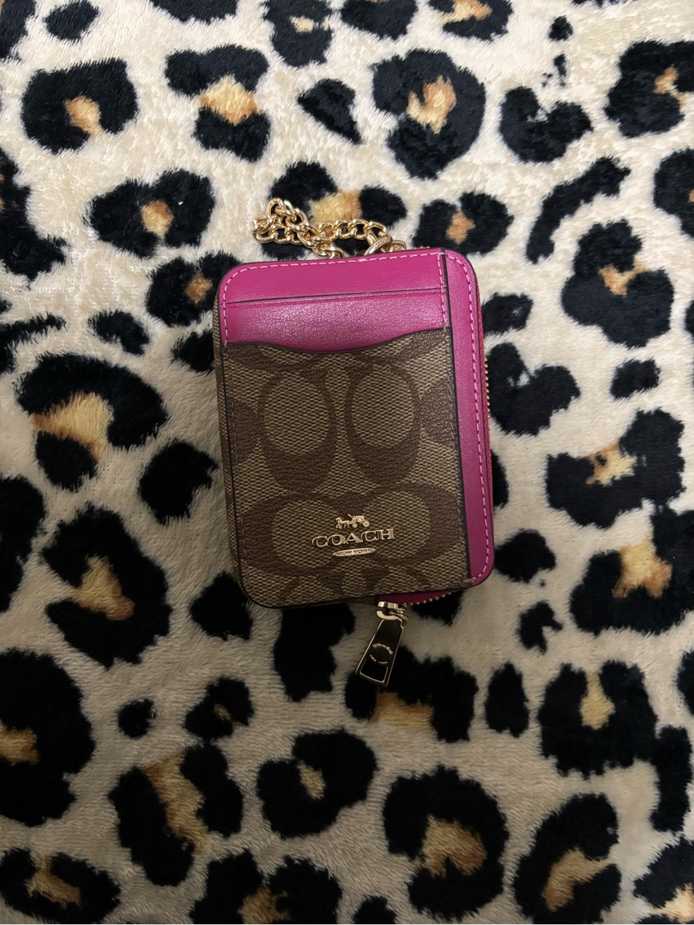 Coach Brown Monogram Card Case with Magenta Trim and Gold Chain - Picture 5 of 9